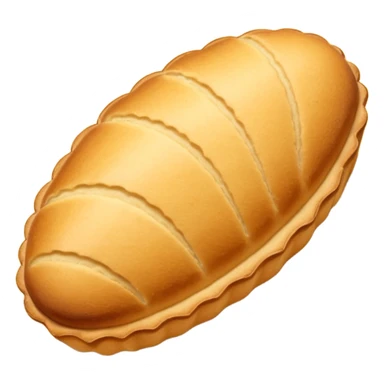 A madeleine pastry. Oval shaped with vertical lines going in the same direction as the oval. Light golden brown. Scalloped edge. Cookie. Stretched out oval sticker