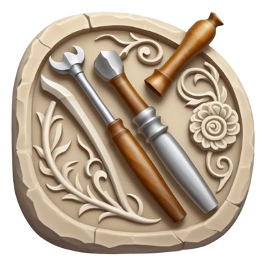 Stone, bone, and horn carving icon, detailed carving tools like chisels and gouges, pieces of stone, bone, and horn with intricate patterns, visible carvings in progress, minimalistic style, clean lines, transparent background. sticker