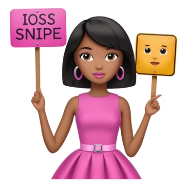 Black barbie, short  black bob  hair, pink dress with a sign that says snipe sticker
