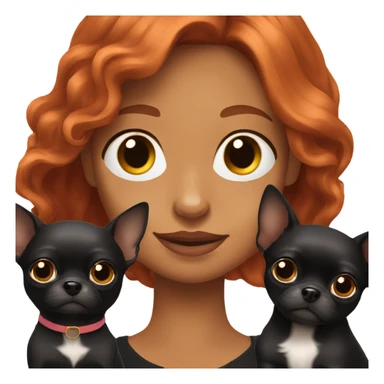 woman with long red hair and brown eyes holding all over black Chihuahua  sticker