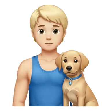 A blond boy in a sexy blue singlet with a picture of a Labrador sticker