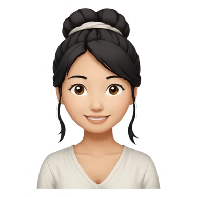 medium tan asian woman with long black hair tied 1 messt bun on top of head,  round brown eyes, white v neck blouse. shes smiling and friendly. sticker