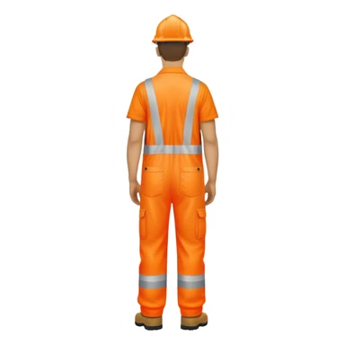 man standing, facing backwards, wearing orange hi visibility overalls,  sticker