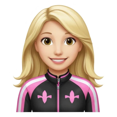 blonde long hair woman with black racing outfit with pink strips sticker