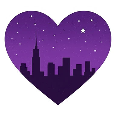 Change the heart with a city skyline at midnight to a purple night theme with a purple starry sky above and more stars. Remove the background entirely. sticker