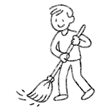 hand-drawn outline of a person sweeping with a broom, simple and playful sticker