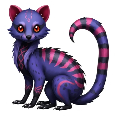 Rare warm-colored exotic gloomy tropical edgy cute epic aesthetic spooky indigo violet white black red gothic colorful Salandit-Civet-species-Fakemon-hybrid-creature, with tribal tattoo markings, full body sticker