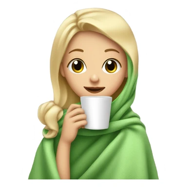 Blonde girl sipping coffee under blanket green eyes and rosy cheeks sticker