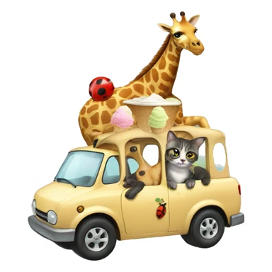 a cat riding a giraffe eating ice cream with a ladybug on top of the cat  sticker