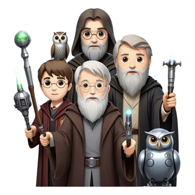 Icon for Fantasy and Sci-Fi Movies: Collage featuring Harry Potter with his wand, Dumbledore. Luke Skywalker with a lightsaber and futuristic robots. Background with a magical planet, Hogwarts, flying owls and spaceships. Epic and magical atmosphere. Transparent background. sticker