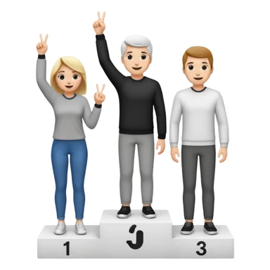 winners podium with three people black and white no numbers middle step higher all in relaxed casual clothes center person raises one finger on each hand cheerful expressive friendly emoji style sticker