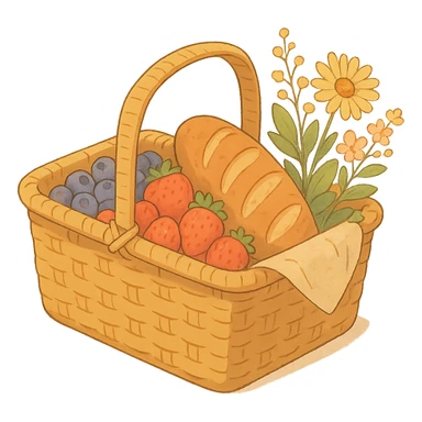 picnic basket with berries, bread, and flowers in warm pastel shades, soft Ghibli style sticker