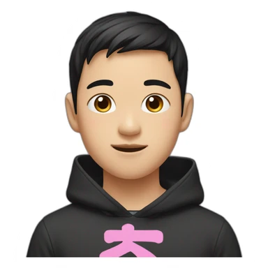 Asian boy, with black hair wearing a black hoodie with “ねこ” in pink lettering sticker