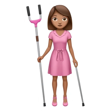 A woman with crutches , a pink dress brown hair and brown eyes sticker