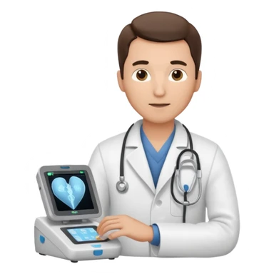 Cardiac sonographer male long white coat GE machine sticker