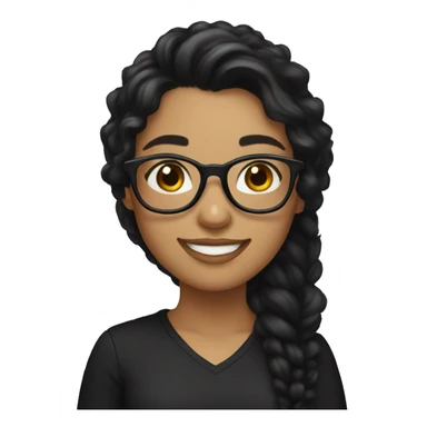 girl wearing black clothes, with long black slight curlyhair, glasses, smile,  sticker