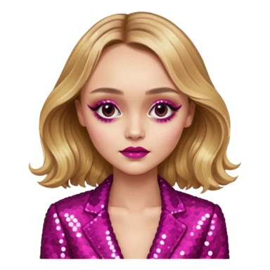 Lily-Rose Depp with long golden blonde hair, dark pink sequin outfit, makeup sticker