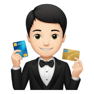 make a genmoji of a boy with a an amex card in hand and wearing a tux, black hair sticker