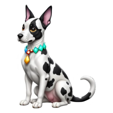 cinematic-[harlequin dane]-realistic-full-body-sitting-emoji,-tail-resting-loosely-beside-its-paws,-head-tilted-dramatically, ears drooped, -sleek-[black and white]-fur,-simplified-yet-realistic-focused-features,-highly-detailed,-glowing-with-an-almost-sarcastic-glow sticker