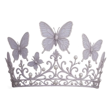 a delicate crown adorned with butterfly motifs, pale lavender with pearl accents, soft and haunting sticker