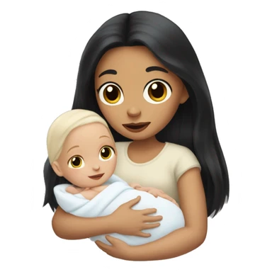 Pale girl with long black hair is holding a pale newborn baby sticker