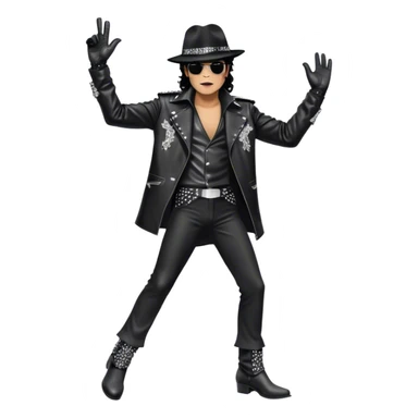 Michael Jackson on stage with microphone buttonhole in full body, wearing his iconic concert costume—black leather jacket, sequined glove, fedora, and boots. He strikes a powerful pose, embodying the energy of R&B music. Transparent background. sticker