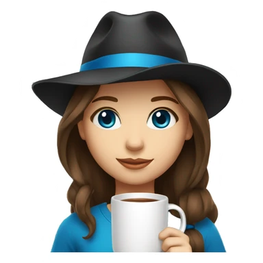 A girl with brown hair with blue eyes in a black panama hat holds a mug sticker