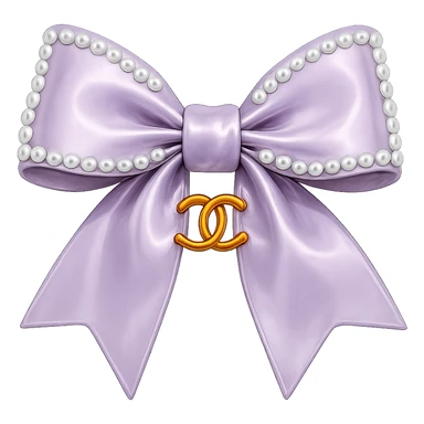 Remove the background, keep only the elegant bow with pearls and gold Chanel logo, glossy, pastel colors, realistic style, with no background. purple sticker