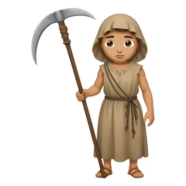 Emoji portrait of a Greek peasant. Rough chiton dress, holding a scythe, tired expression. sticker