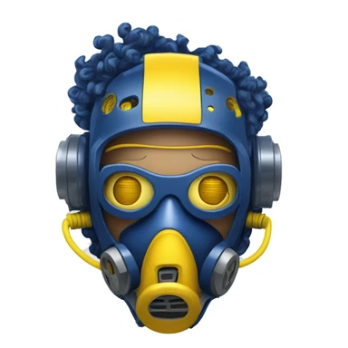 Dark Blue curly hair cyborg head with yellow respirator mask and circuitry sticker