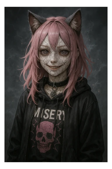 realistic anime catgirl with pink hair, emo streetwear, heart tattoo under left eye, dark magical accessory, sparkles, stormy background, cracked porcelain doll horror look with cracked skin, glassy eyes, eerie smile sticker