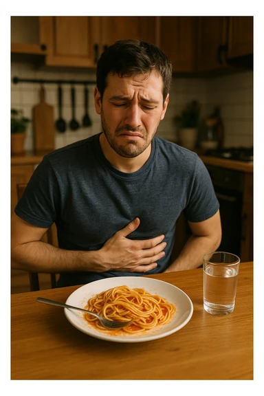 a man sits at a dining table, looking uncomfortable and holding his stomach after eating a plate of pasta. His expression shows mild pain or bloating. On the table, there’s a half-eaten plate of spaghetti, and a glass of water. The background is a cozy kitchen, but the focus is on the man’s discomfort.

 sticker