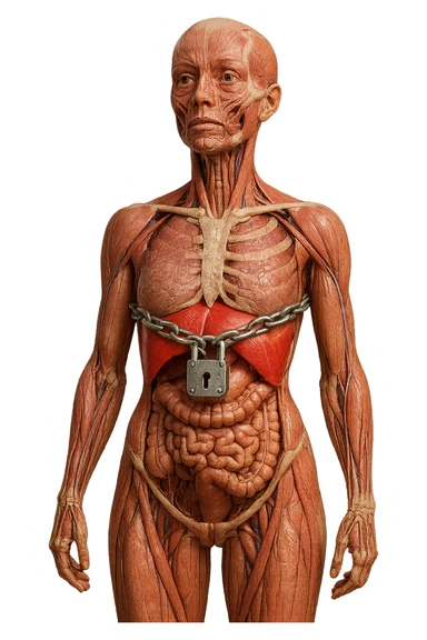 corpo umano anatomico di una donna con diaframma in evidenza, diaframma chiuso da catena e lucchetto, iperrealistica 4k sticker