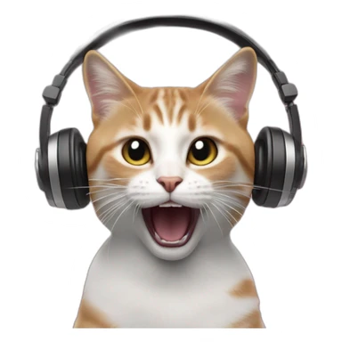 cat wearing headphones shouting and singing in front of microphones, blurred image, microphone on left sticker