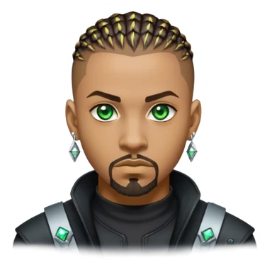 Light skinned African American male with green eyes as a cyberpunk hacker with cornrows hairstyle but short cornrows  with goatee facial hair diamond stud earrings  sticker