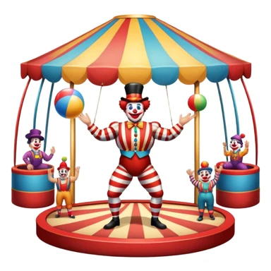 Icon for Circus Arts: a grand vibrant round circus arena with a strongman in a striped costume,  juggler and a clown performing. The icon should convey the excitement and fun of circus performances, with focus on the performers and the colorful setting. Transparent background. sticker