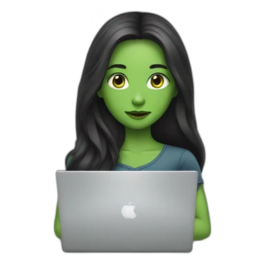Girl with long dark hair green eyes and laptop sticker
