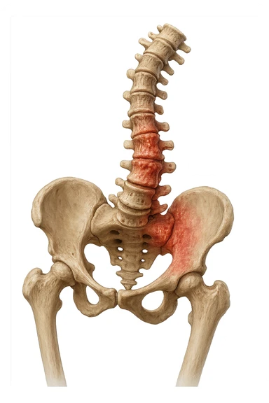 SPINA DORSALE STORTA E INFIAMMATA CON BACINO UMANO ANATOMICO REALISTICO INCLINATO, iperrealistica 4k sticker