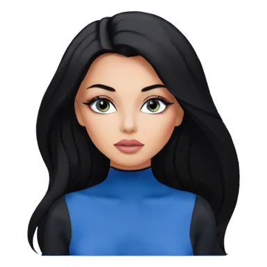 Glamours, tanned, very beautiful girl, with big pump peach-beige-rose lips, eyeliner, long long lashes, black straight smooth silky long hair, straight parting hair, blue-grey eyes, in total black bodysuit long-sleeves sticker