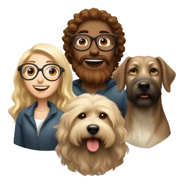 Curl brown hair girl with glasses, wolfhound dog in the middle and blond boy with red beard in the right sticker