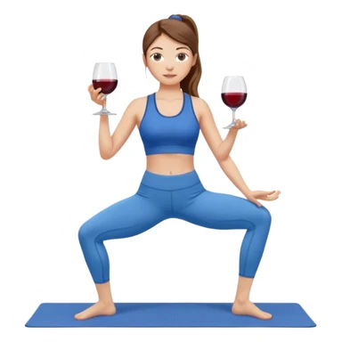 Девушка с каштановыми длинными волосами, собранными в хвост, в синем спортивном топе и синих лосинах занимается йогой с бокалом вина в одной руке sticker
