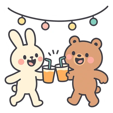 full-body bunny and bear clinking juice cups under string lights, pastel-toon style sticker