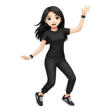 What white skin indian girl with long black dancing with Black t shirt and pant with white sneakers sticker