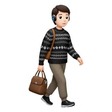 걷고 있는 사람
옷은 겨울에 어울리는 니트와 하의를 입었고 숄더백을 매었다.
머리카락 색깔은 어두운 갈색, 풀은 긴머리를 하고 있다 
귀에는 애플의 에어팟이 착용되어 있다 sticker