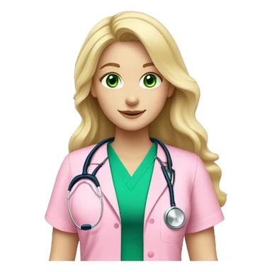 pale blonde girl with long wavy hair and green eyes wearing pink scrubs and stethoscope  sticker