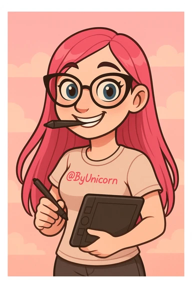 девушка с референса в рисованном милом стиле, у девушки розовые длинные прямые волосы, большие выразительные голубые глаза, черные очки для зрения формы кошачий глаз, нос чуть с горбинкой, девушка улыбается а в зубах прикусывает перо от графического планшета, которое она держит в руке, а в другой руке держит сам планшет 
одета девушка в светло-бежевую облегающую футболку с вышивкой розовым цветом @ByUnicorn, фон градиентный розовый, можно добавить пушистые облака sticker