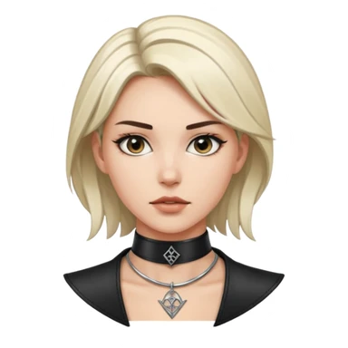 Leather choker with sigil around woman’s neck, pulse visible, dominance tone sticker