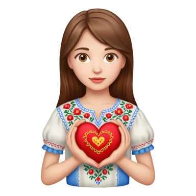 A beautiful young girl with brown hair in a Ukrainian embroidered shirt is holding a large embroidered heart sticker