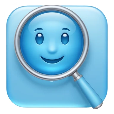 A 3D emoji-style magnifying glass, smooth rounded shapes, soft gradient blue ring, glossy plastic material, subtle highlights and reflections, simple minimal design, pastel blue color, slightly thick proportions, soft lighting, clean white background, modern emoji aesthetic, centered composition sticker