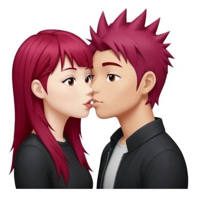 Asian Spiky short red hair  guy kissing white girl with long burgundy hair and bangs  sticker